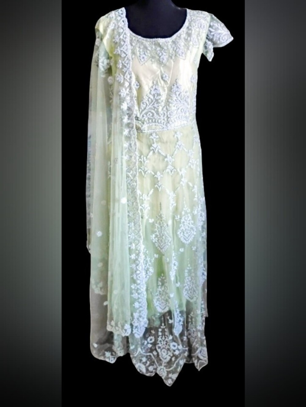 Green Net beads work Anarkali